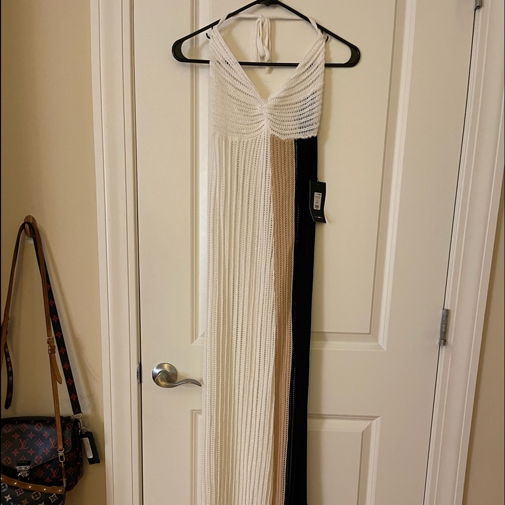 Sexy, crochet maxi dress cover up for beach. Color combination black, tan/white.